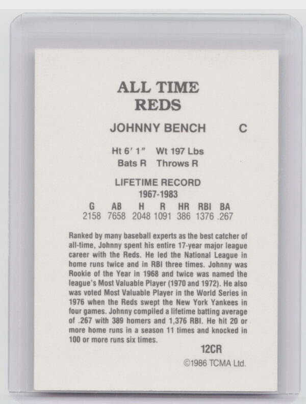 1987 TCMA Collectors Kits Reprints Johnny Bench #12CR Reds - Image 3