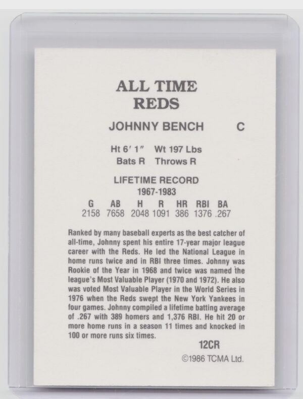 1987 TCMA Collectors Kits Reprints Johnny Bench #12CR Reds - Image 3