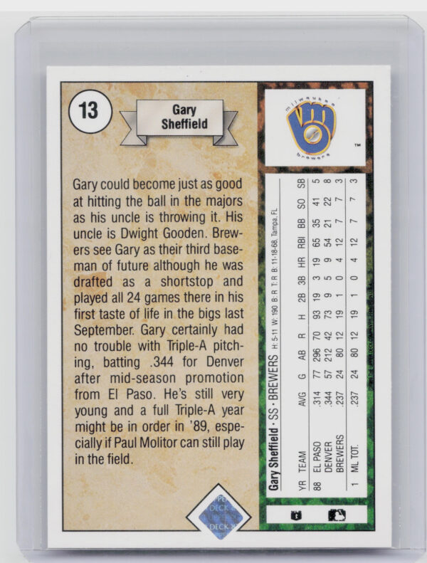 1989 Upper Deck Gary Sheffield RC #13 Brewers - Image 3