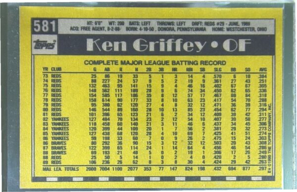 1990 Topps Ken Griffey #581 Reds - Image 3