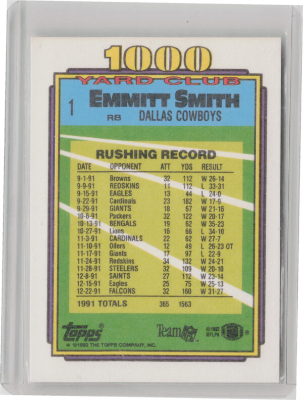 1992 Topps Emmitt Smith VAR #1 Cowboys 1000 Yard Club - Image 3