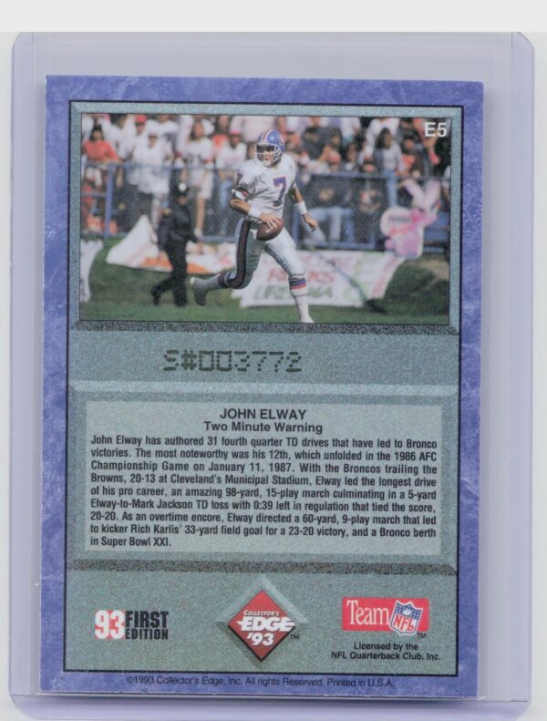 1993 Collector's Edge John Elway #E5 Broncos - Image 3
