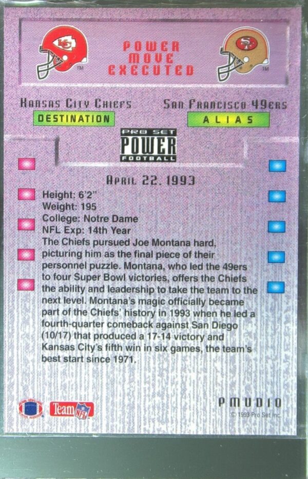 1993 Pro Set Power Update Joe Montana #PMUD10 Chiefs Power Moves - Image 3