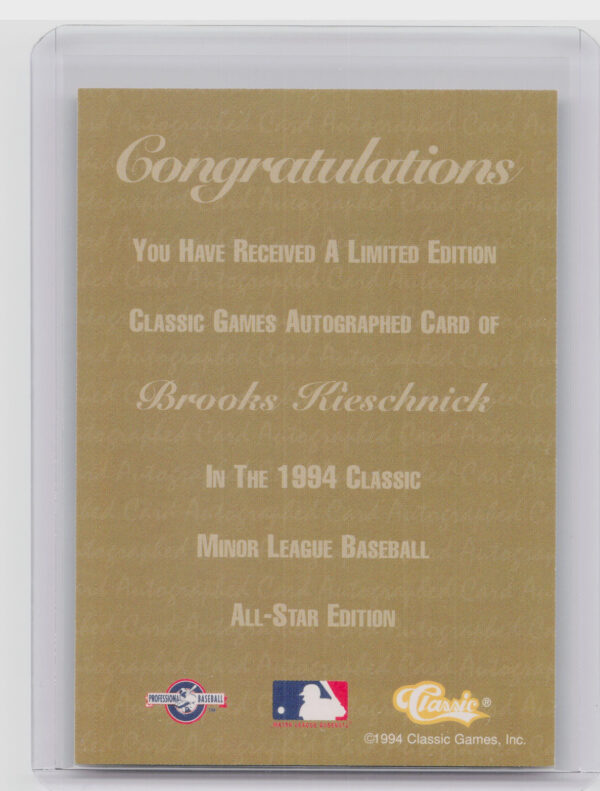 1994 Classic Brooks Kieschnick AU SN3440 #NNO Cubs Autographs - Image 3