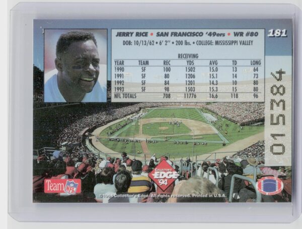 1994 Collector's Edge Jerry Rice Pop Warner Bronze #181 49ers - Image 3