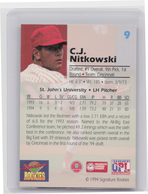1994 Signature Rookies Draft Picks C.J. Nitkowski AU SN7750 #9 Reds Signatures - Image 3
