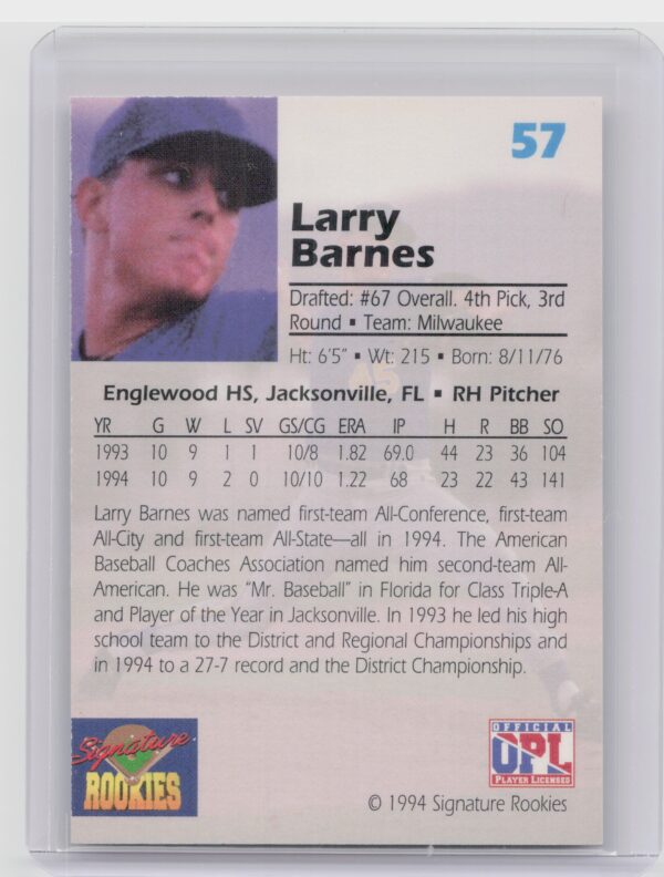 1994 Signature Rookies Draft Picks Larry Barnes AU SN7750 #57 Brewers Signatures - Image 3