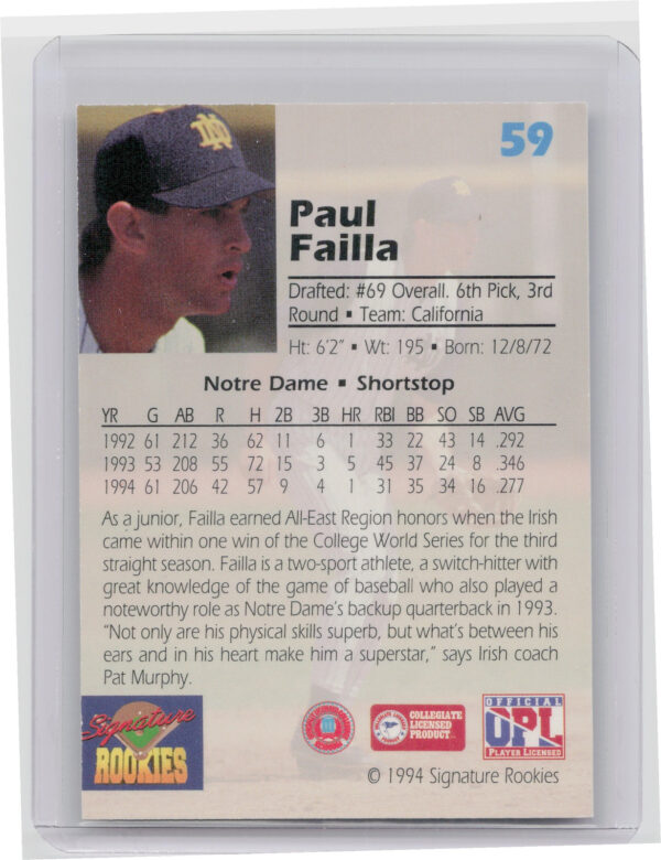 1994 Signature Rookies Draft Picks Paul Failla AU SN7750 #59 Angels Signatures - Image 3