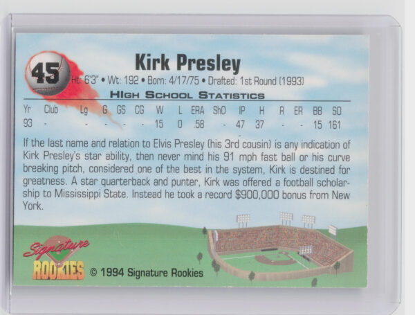 1994 Signature Rookies Kirk Presley AU SN8650 #45 Mets Authentic Signatures - Image 3