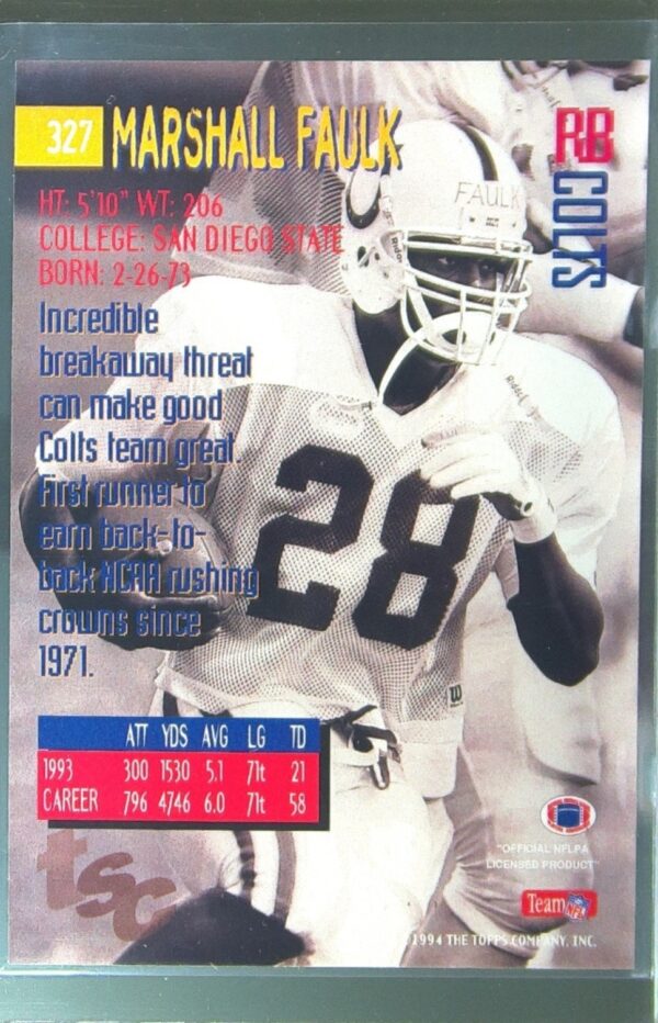 1994 Stadium Club Marshall Faulk RC #327 Colts - Image 3
