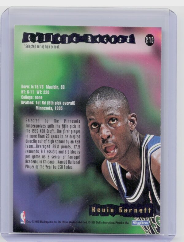 1995-96 Hoops Kevin Garnett RC #272 Timberwolves - Image 3