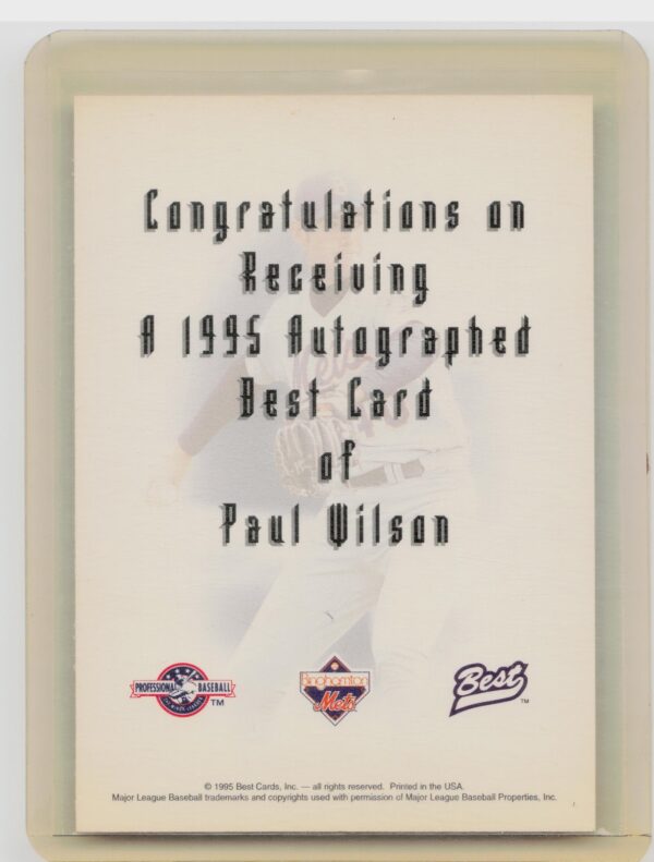 1995 Best Paul Wilson Auto #NNO Mets Autographs - Image 3