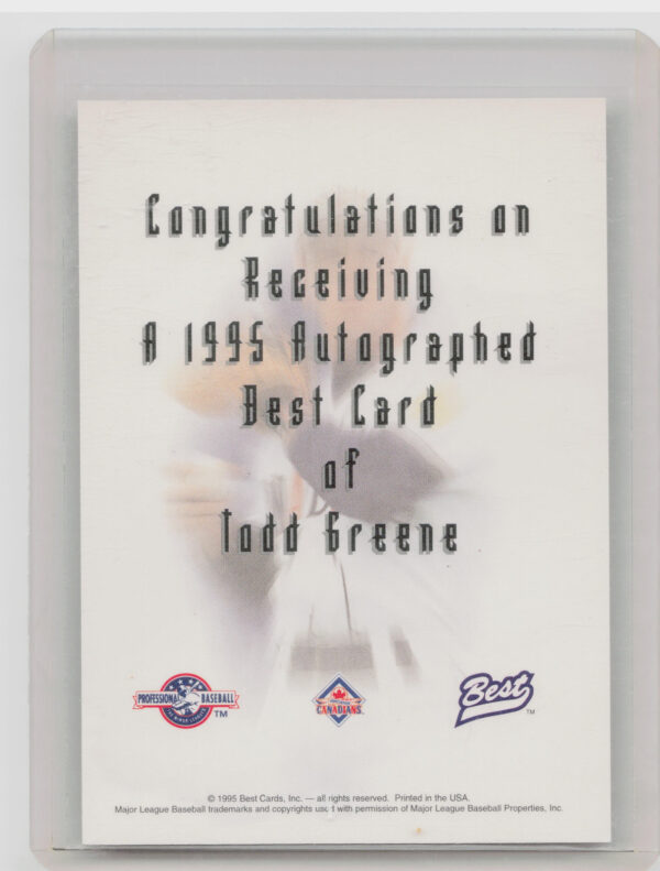 1995 Best Todd Greene AU #NNO Canadians Autographs - Image 3