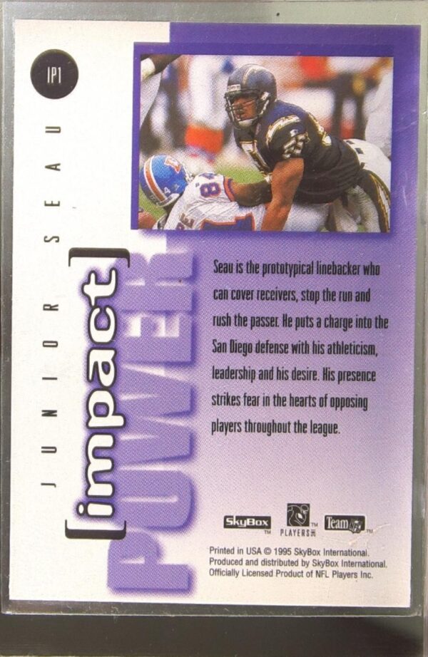 1995 SkyBox Impact Junior DETerinators Seau #IP1 Chargers Impact Power - Image 3