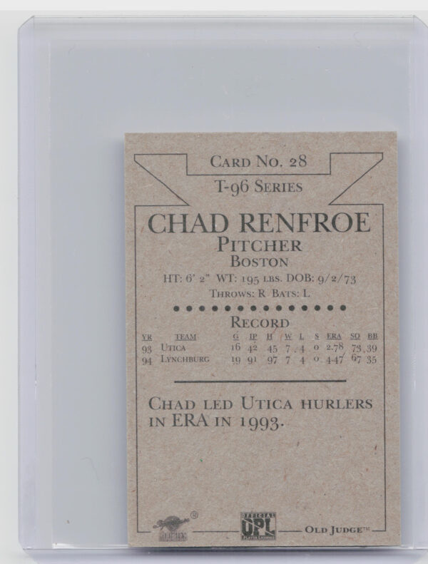 1996 Signature Rookies Old Judge Chad Renfroe AU SN6000 #28 Sox Signatures - Image 3