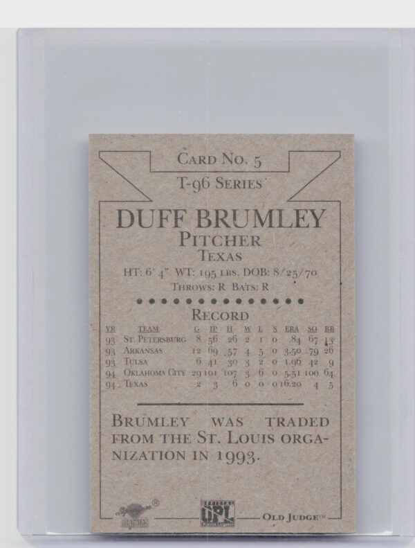 1996 Signature Rookies Old Judge Duff Brumley AU SN6000 #5 89ers Signatures - Image 3