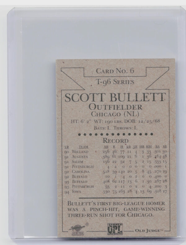 1996 Signature Rookies Old Judge Scott Bullett AU SN6000 #6 Cubs Signatures - Image 3