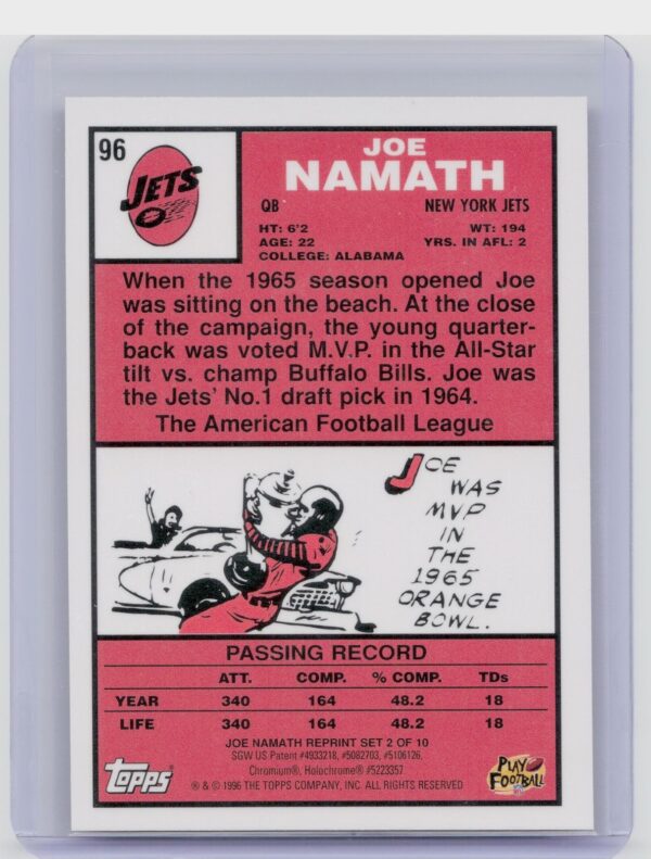 1996 Stadium Club Joe Namath #2 Jets Namath Finest - Image 3