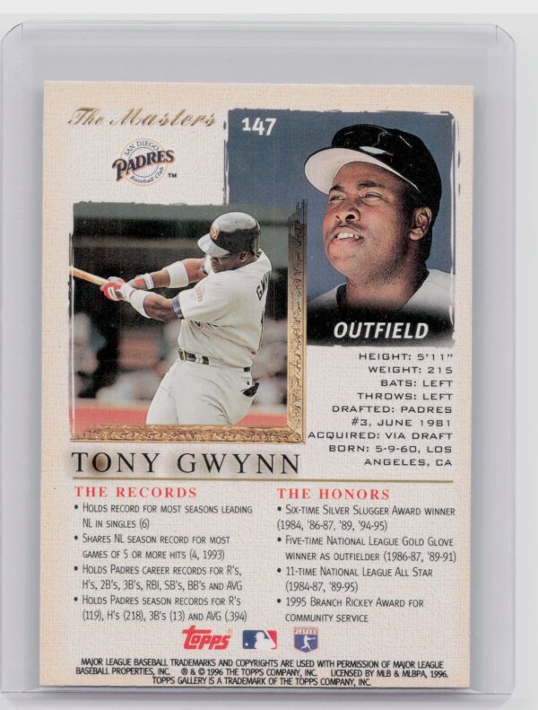 1996 Topps Gallery Tony Gwynn #147 Padres - Image 3