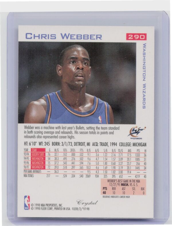 1997-98 Fleer Chris Webber Traditions Crystal #290 Wizards - Image 3