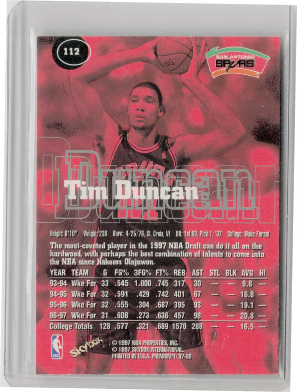 1997-98 SkyBox Premium Tim Duncan RC #112 Spurs - Image 3