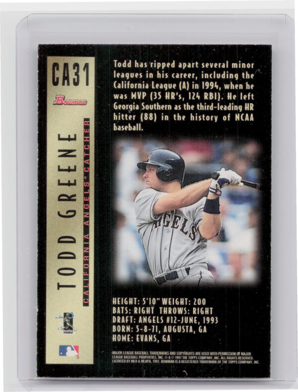1997 Bowman Todd Greene AU #CA31 Angels Certified Autographs Blue Ink - Image 3