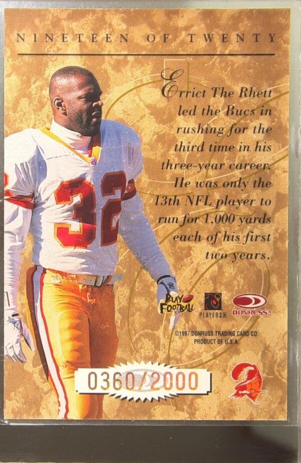1997 Donruss Errict Rhett /2000 #19 Buccaneers Elite Gold - Image 3