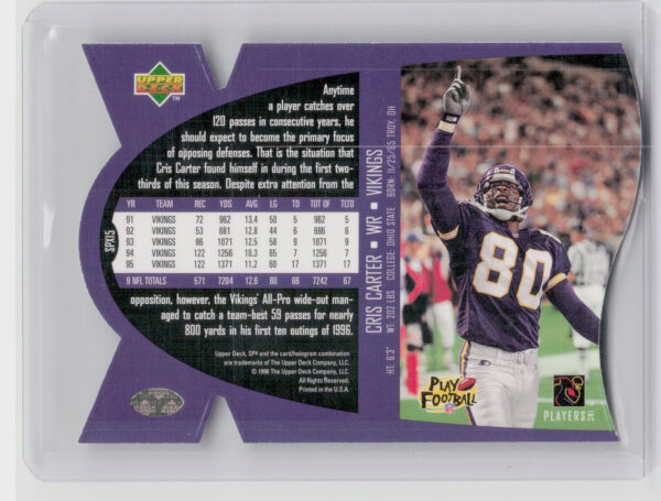 1997 SPx Cris Carter #SPX15 Vikings - Image 3