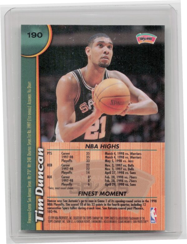 1998-99 Finest Tim Duncan #190 Spurs - Image 3