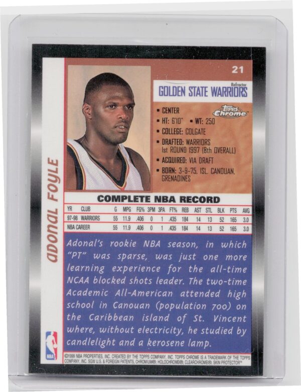 1998-99 Topps Chrome Adonal Foyle #21 Warriors - Image 3