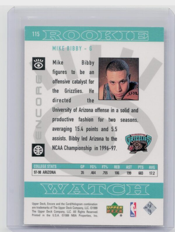 1998-99 Upper Deck Encore Mike Bibby RC #115 Grizzlies - Image 3