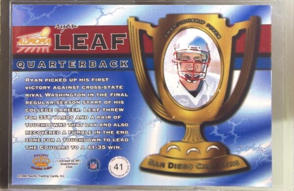 1998 Pacific Aurora Ryan Leaf RC #41 Chargers Championship Fever Red - Image 3