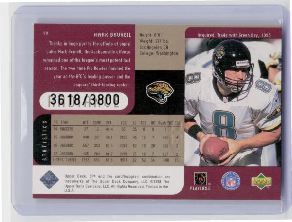1998 SPx Finite Mark Brunell Radiance /3800 #38 Jaguars - Image 3