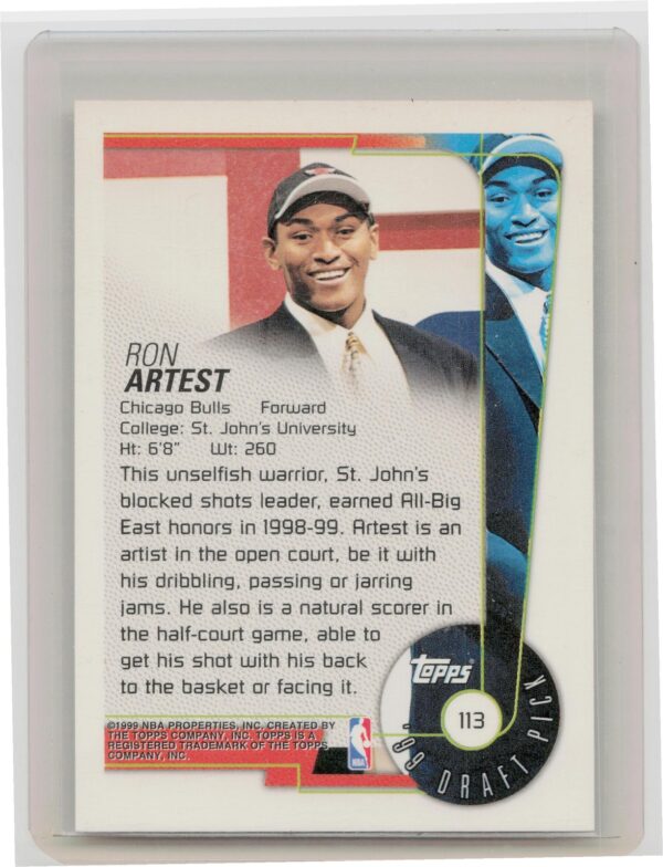 1999-00 Topps Chrome Ron Artest RC #113 Bulls - Image 3