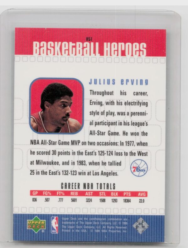 1999-00 Upper Deck Julius Erving #H51 76ers Basketball Heroes: Julius Erving - Image 3