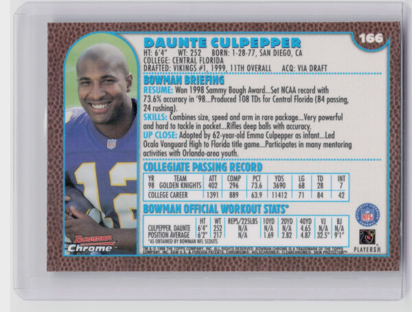 1999 Bowman Chrome Daunte Culpepper RC #166 Vikings - Image 3