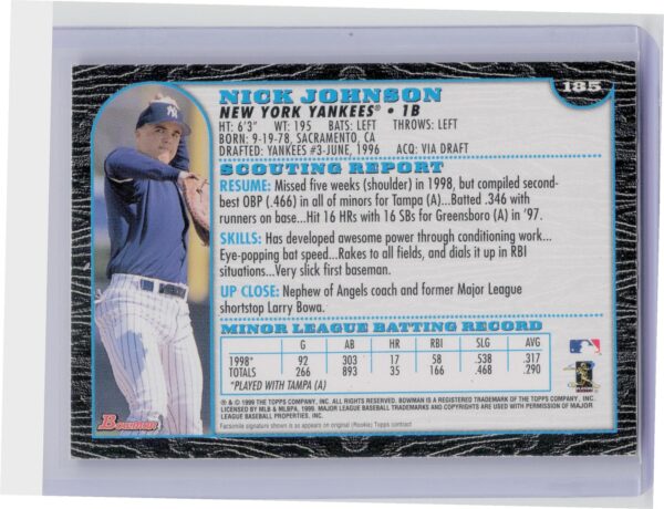 1999 Bowman Chrome Nick Johnson RC #185 Yankees - Image 3