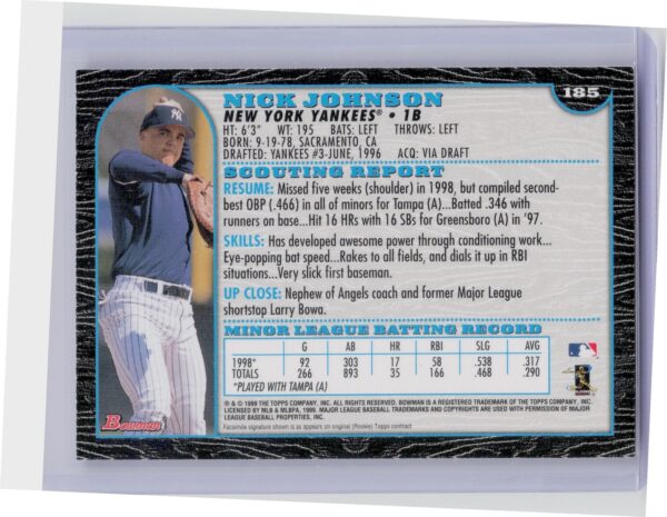 1999 Bowman Nick Johnson RC #185 Yankees - Image 3