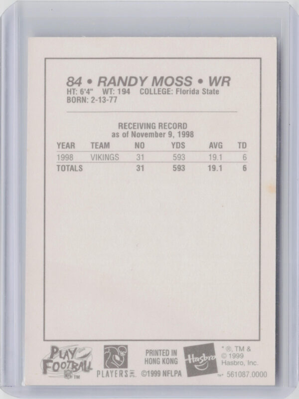 1999 Hasbro Starting Lineup Cards Randy Moss Vikings - Image 3