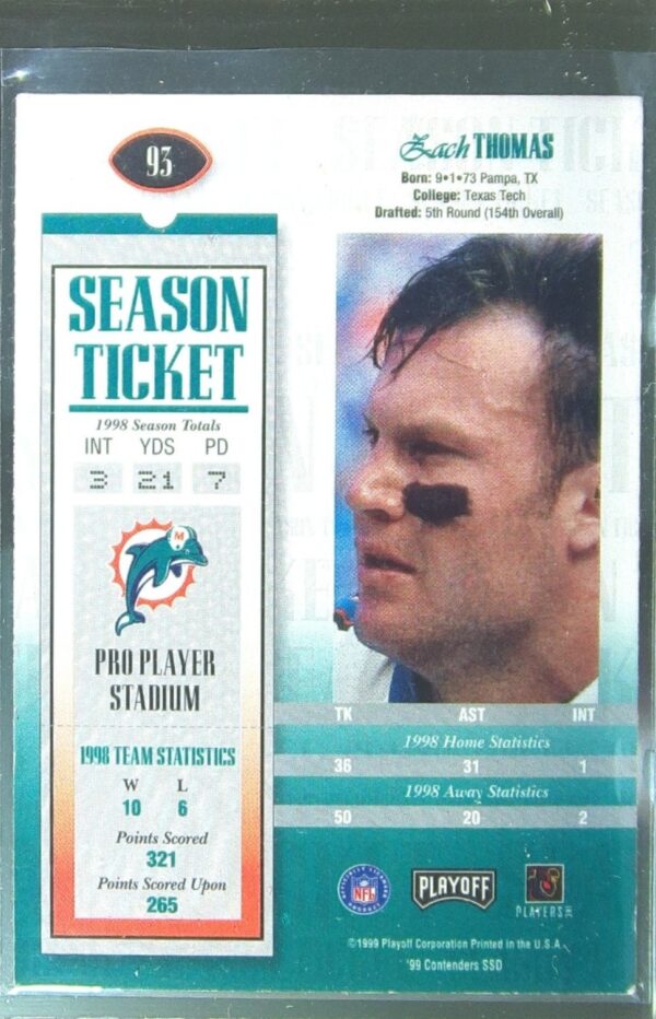 1999 Playoff Contenders SSD Zach Thomas #93 Dolphins - Image 3