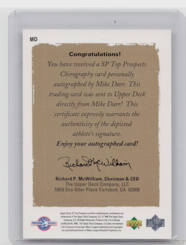 1999 SP Top Prospects Mike Darr AU #MD BayBears Chirography - Image 3