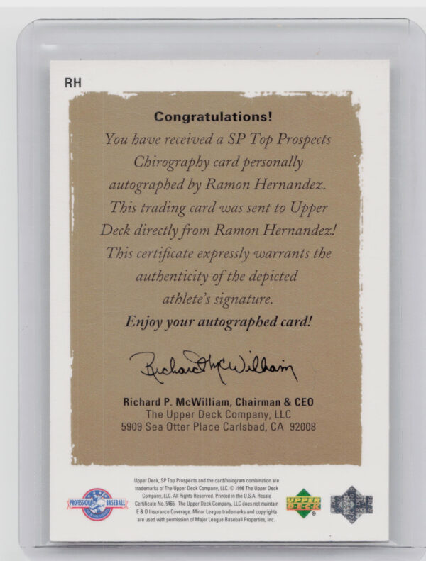 1999 SP Top Prospects Ramon Hernandez AU #RH Stars Chirography - Image 3