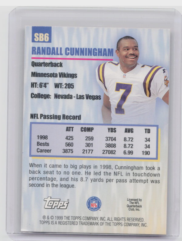 1999 Topps Randall Cunningham #SB6 Vikings Season's Best - Image 3