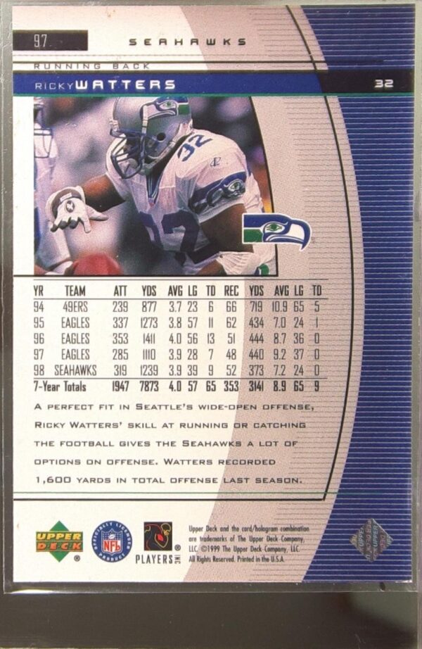 1999 UD Black Diamond Ricky Watters #97 Seahawks - Image 3