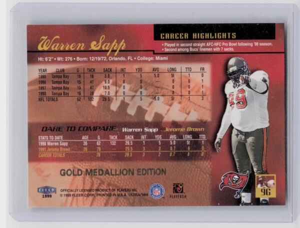 1999 Ultra Warren Sapp Gold Medallion #9G Buccaneers - Image 3