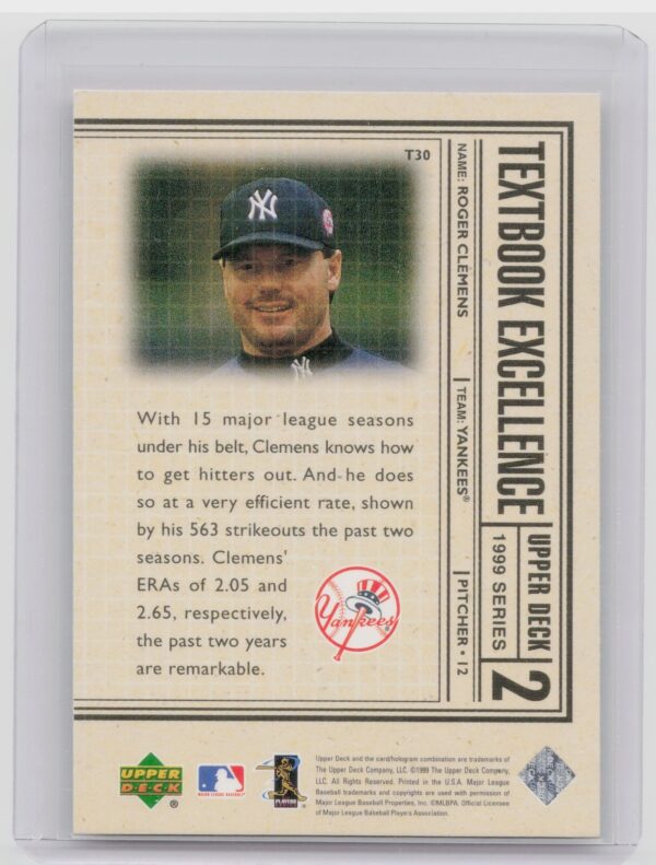 1999 Upper Deck Roger Clemens #T30 Yankees Textbook Excellence - Image 3