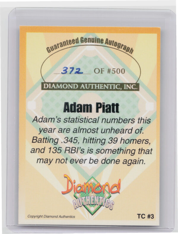 2000 Diamond Authentics Autographs Adam Piatt AU SN500 #TC3 RockHounds Triple Cr - Image 3