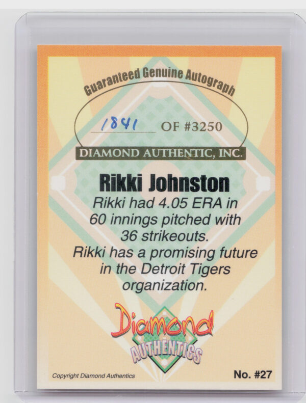 2000 Diamond Authentics Autographs Rikki Johnston AU SN3250 #27 Tigers - Image 3