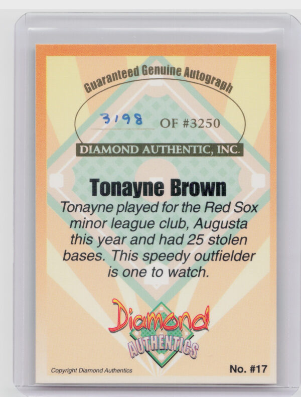 2000 Diamond Authentics Autographs Tonayne Brown AU SN3250 #17 GreenJackets - Image 3