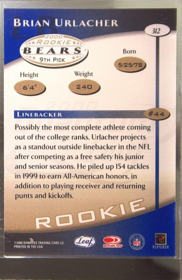 2000 Quantum Leaf Brian Urlacher RC #312 Bears - Image 3